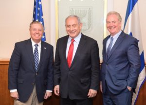 PM Netanyahu Meets with US Sen. Lindsey Graham R-SC and US Sen. Chris Van Hollen D-MD photo credit Amos Ben-Gershom GPO